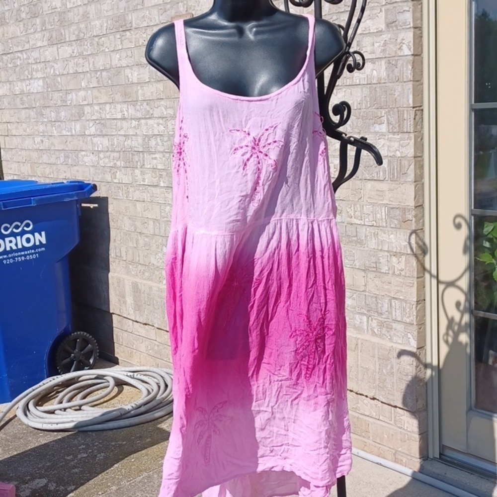 Raya Sun Embroidered Pink Ombre Swim Cover Up Sun Dress Tie Dye, 25" PTP, 42"L